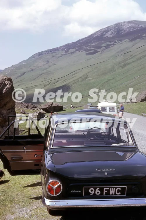 Ford Cortina parked at Honister Pass in the Lake District, 1966