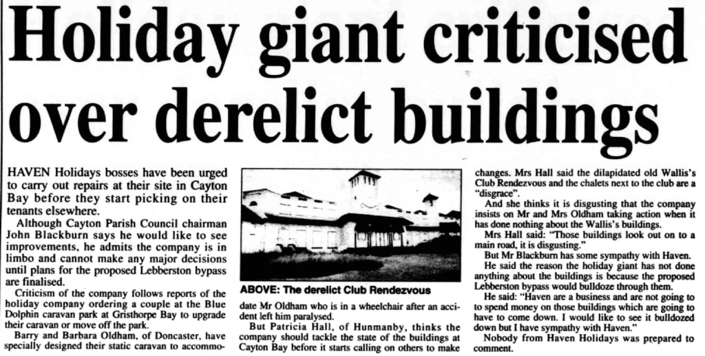 Press cutting about derelict buildings at Wallis's Cayton Bay Holiday Camp