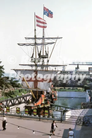 Golden Hind replica at Southend-on-Sea showing the full-scale Tudor galleon attraction during the 1950s