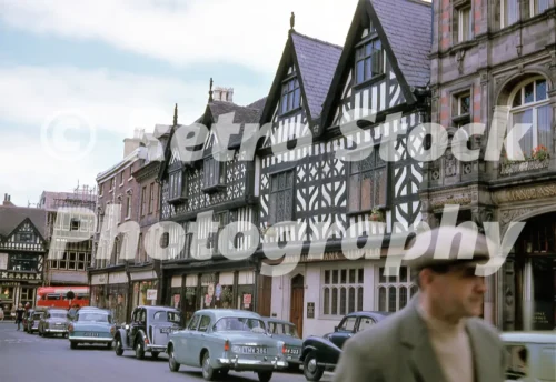 High Street, Shrewsbury 1963 with Tudor façades, Martins Bank and period cars.