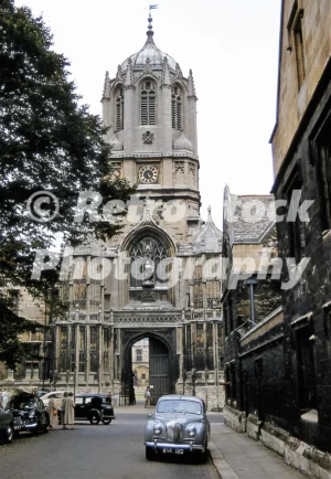 Pembroke Square, Oxford, in the 1950s looking towards Christ Church’s Tom Tower with an Austin A40 Somerset in the foreground