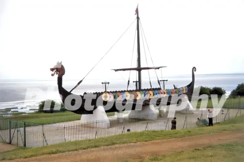 Viking ship Hugin on the clifftops above Pegwell Bay, Ramsgate, 1956