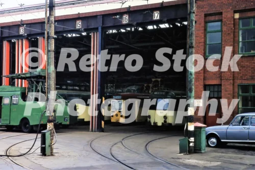 Blundell Street tram depot in Blackpool with trams inside, 1970s