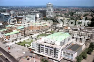 Fairfield Halls and Croydon town centre seen from above, 1970s