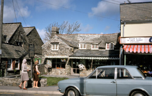 Fore Street, Tintagel with Wilks & Co pharmacy and gift shop, 1975