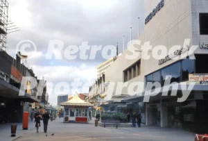 1970s view of Southend High Street with modern shopping buildings and pedestrians