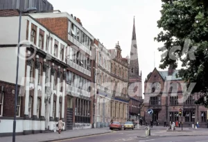 A 1978 street-level view of Little Park Street in Coventry looking north toward Broadgate, featuring the Coventry Economic Building Society and several period cars.