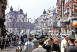 A 1950s colour photo of Piccadilly Circus in London, featuring the grand Swan & Edgar department store and the London Pavilion, both decorated with festive floral bunting for the 1953 Coronation.