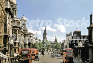 A 1950s colour photo of Whitehall in London, looking south towards Big Ben and the Houses of Parliament in 1957.