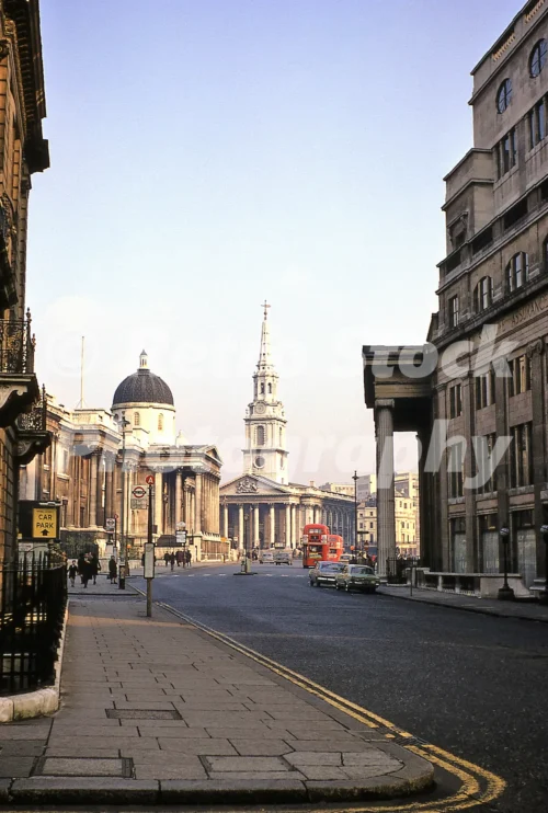 A 1960s colour photo of the Sun Life Assurance building and the spire of St Martin-in-the-Fields from Pall Mall in 1967.
