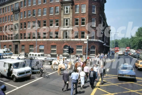 1980s photo of Hobart Place and Grosvenor Place in London, with riders on horseback crossing among office workers, a white Bedford CF van and a Sherpa minibus in the traffic.