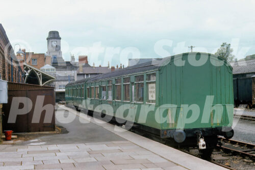 1970s view of former camping coaches at Aberystwyth station in Wales beside the platform and goods sidings