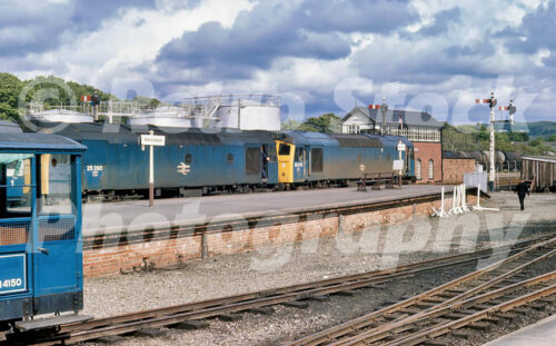 1970s view of Aberystwyth station in Wales with the Mid-Walesman railtour and Class 25 diesel locomotives 25295 and 25275