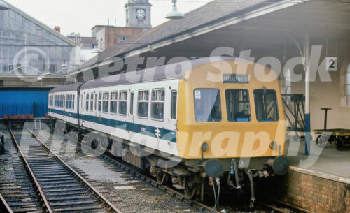 1970s view of a Class 101 diesel multiple unit at Aberystwyth station in Wales under the Platform 2 canopy