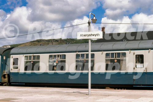 1970s view of a British Rail coach at Aberystwyth station in Wales during the Mid-Walesman railtour