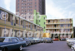 1960s view of the Colony Motel courtyard in Atlantic City with parked period cars