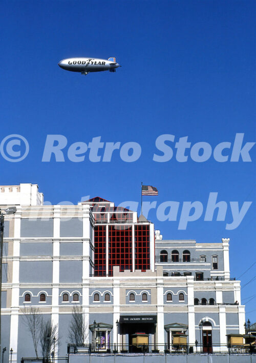 Goodyear blimp over Jackson Brewery, New Orleans 1985