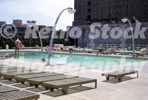 1960s hotel swimming pool in Atlantic City with sun loungers