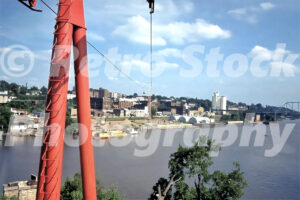 1960s view from the Sky Cruise ride crossing the Mississippi River toward Quincy, Illinois