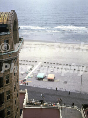 1960s view from the Traymore Hotel overlooking the Atlantic City Boardwalk and beach