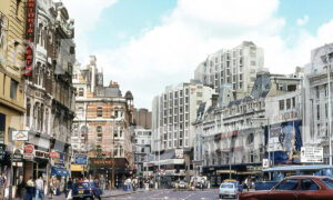 A 1970s colour photo of the junction of Tottenham Court Road and Oxford Street featuring the Dominion Theatre and Star Wars posters in 1978.