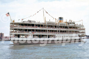 A 1960s color photo of the excursion steamer SS Columbia of the Bob-Lo Company on the Detroit River in 1961.