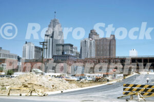 A 1950s color photo of the steel framework for the Cobo Hall convention center construction in Detroit in 1958.