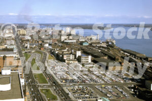 A 1960s colour photo of the Detroit riverfront and industrial lands from the Top of the Flame restaurant in 1969.