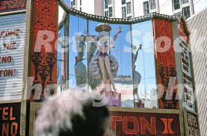 A 1980s colour photo of a giant showgirl statue on a mirrored display at the Hilton Hotel entrance in Reno in 1980s.