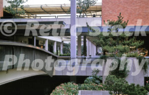 A 1960s color photo of the North Mall exterior at Lloyd Center in Portland, Oregon, featuring the Meier & Frank building, concrete pedestrian bridges, and landscaped garden beds.