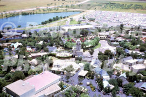 A 1960s color photo of an aerial view of Six Flags Over Texas in Arlington,