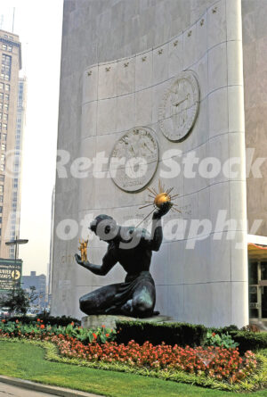 A 1960s color photo of Marshall Fredericks’ Spirit of Detroit bronze statue in front of the City-County Building in Detroit, Michigan in 1967.