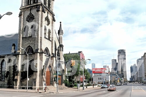 A 1980s color photo of the stone Gothic Revival exterior of St. John's Episcopal Church on Woodward Avenue in Detroit, Michigan in 1980.