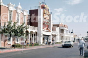 A 1970s color photo of the Western-style Silver Slipper Gambling Hall and Saloon with tourists and a 1960s Chevrolet in Las Vegas c1973.