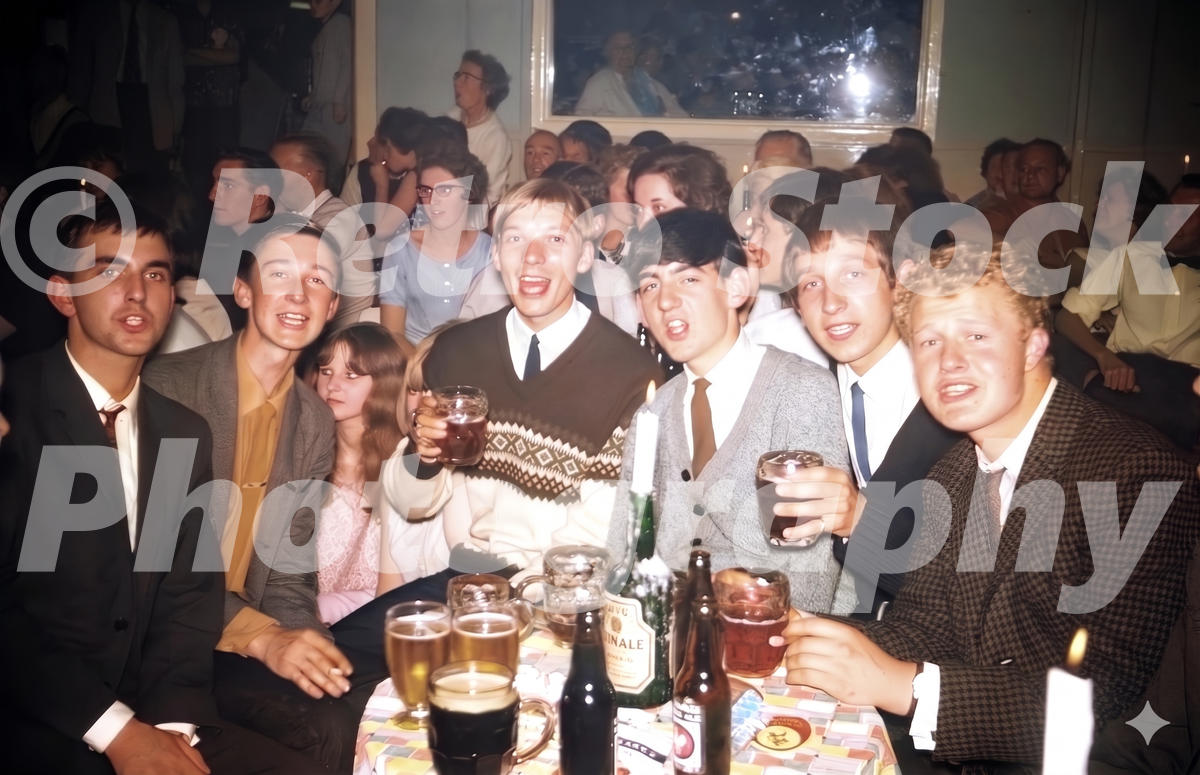 Pontins Dolphin Holiday Camp at Brixham in the 1960s with young holidaymakers, drinks table and crowded evening entertainment room