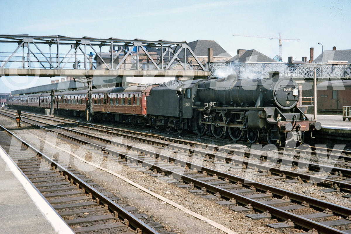 black-5-44951-seen-at-doncaster-1966_55231742266_o 1960s view of Black Five No. 44951 at Doncaster railway station with maroon coaches, lattice footbridge and multiple running lines