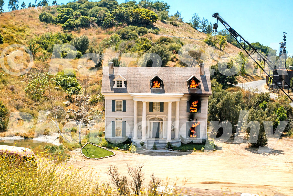 A 1970s color photo of a two-story colonial-style house on the Universal Studios Hollywood backlot with controlled fires burning in several windows and char marks on the facade.
