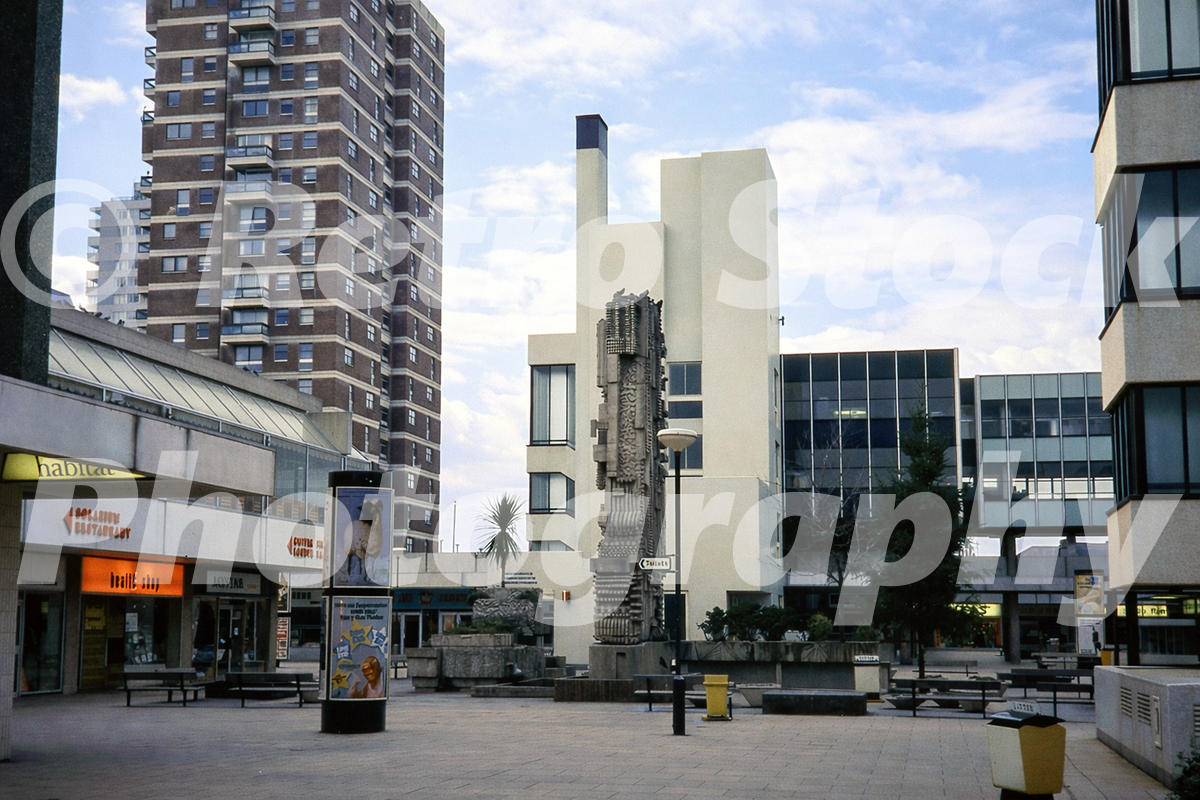 Churchill Square in Brighton with the Spirit of Brighton sculpture, 1970s