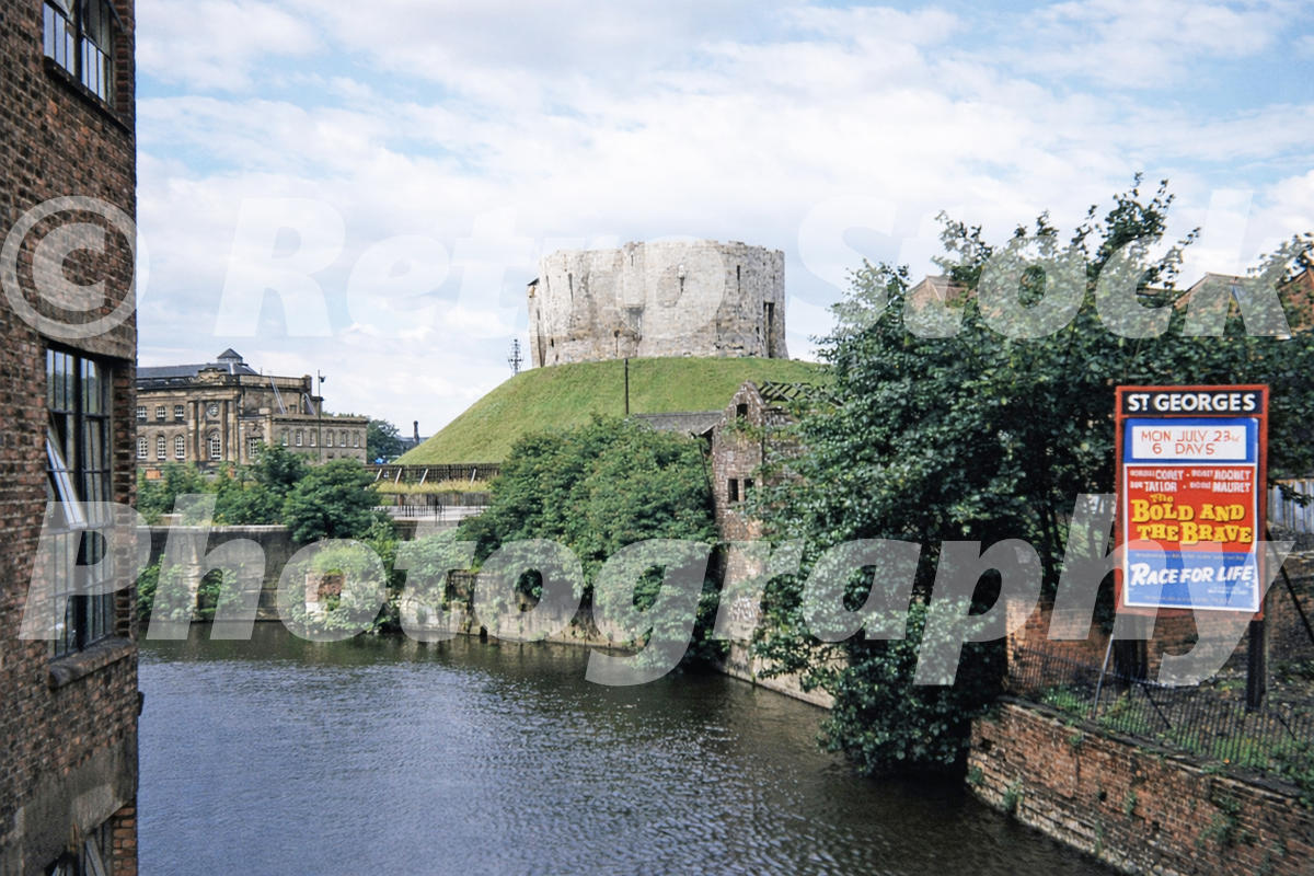 Clifford’s Tower York 1956 view from Piccadilly with Unwins Garage and St George’s cinema
