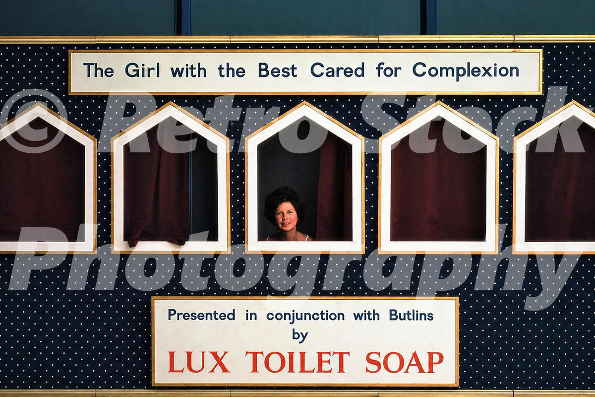Butlins Bognor Regis holiday camp complexion competition display with Lux Toilet Soap advertising, 1960s