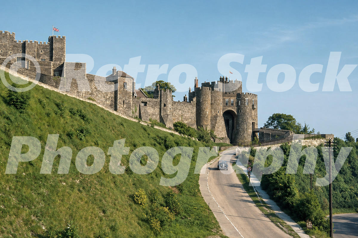 1950s view of Dover Castle above the road with a car approaching the gateway.
