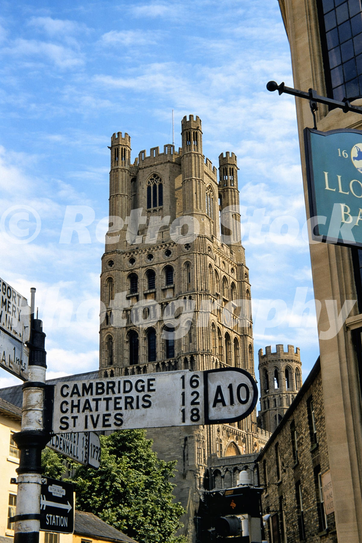 St Mary’s Street Ely Cambridgeshire in the 1950s with Ely Cathedral and Lloyds Bank sign