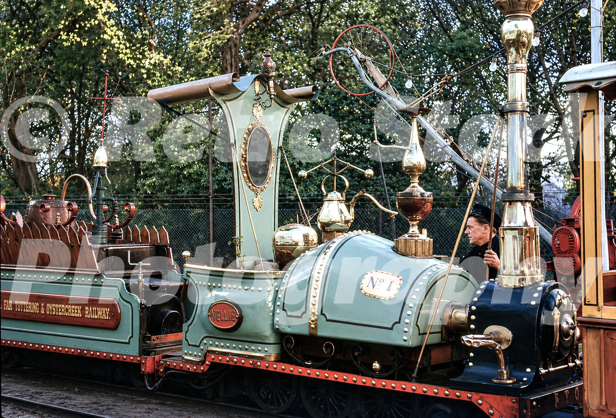 Vintage 1951 photo of Nellie on the Far Tottering and Oyster Creek Railway at Battersea Park, London, with ornate fantasy locomotive details.