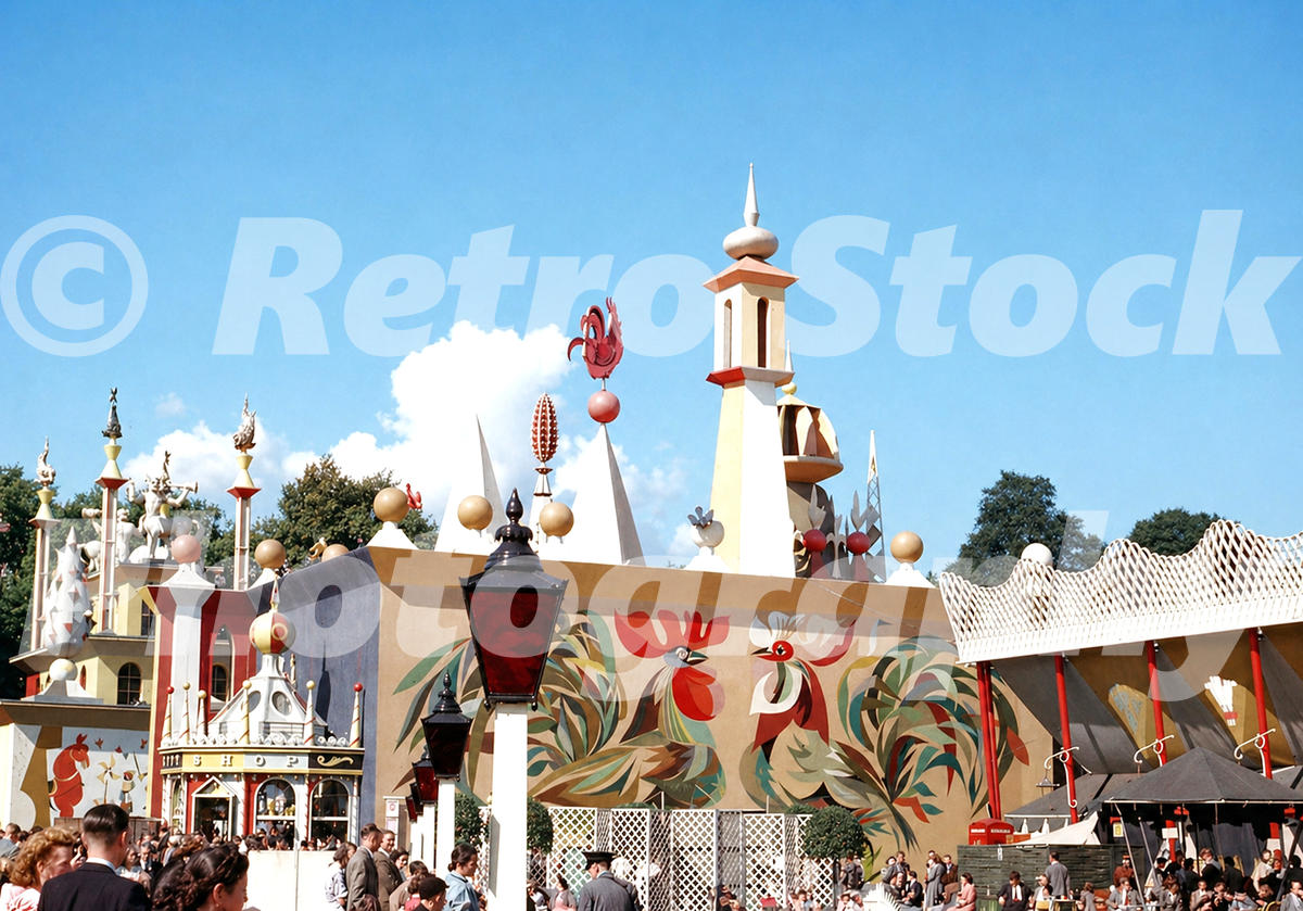 Vintage 1950s colour photo of the Nestlé Playland at the Festival Pleasure Gardens in Battersea Park, London.