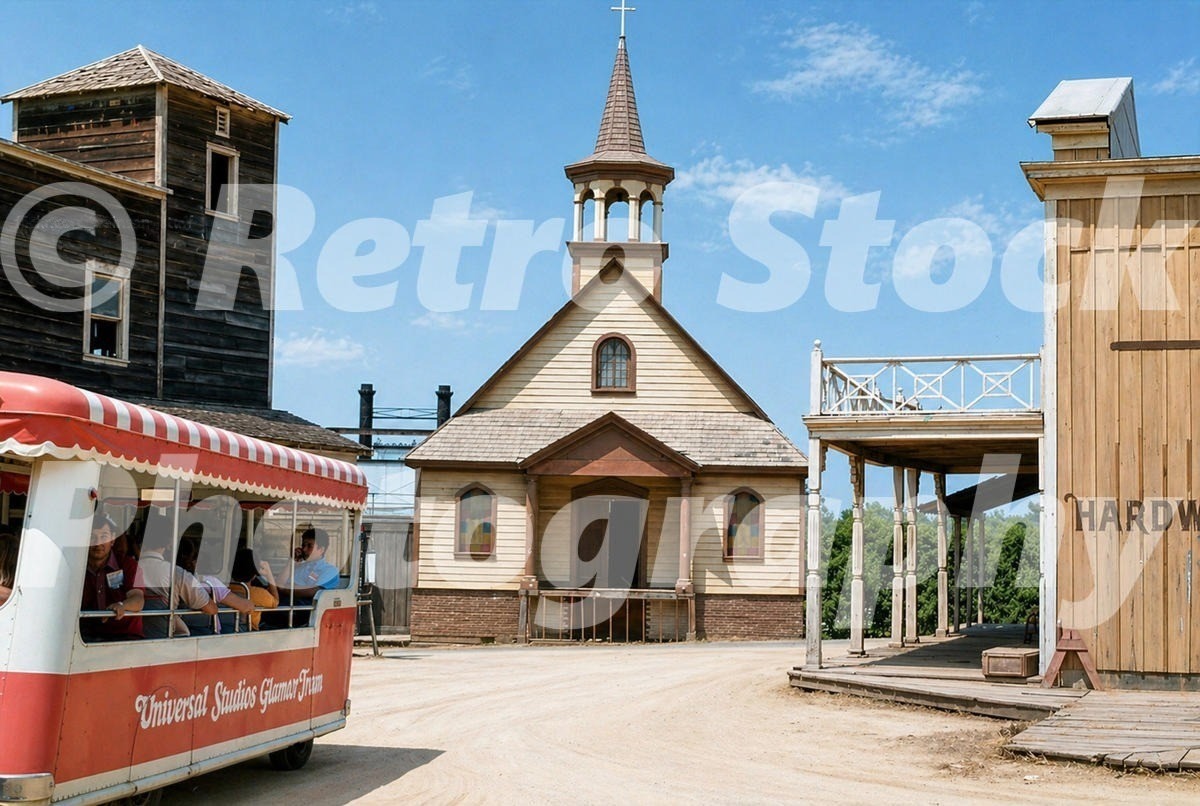 1970s color view of a Universal Studios Glamor Tram passing the Western church set used in Death of a Gunfighter.