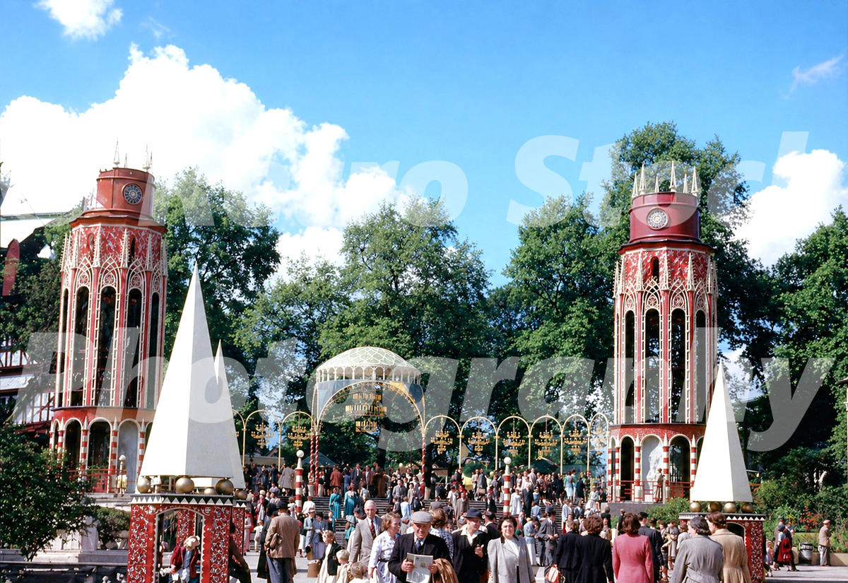 Vintage 1950s photo of the twin entrance towers at the Festival Pleasure Gardens in Battersea Park, London.