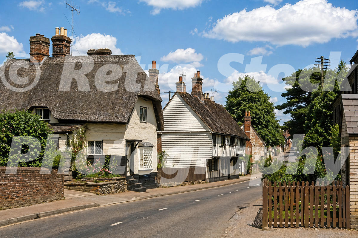 1950s view of High Street in Much Hadham, Hertfordshire, with thatched cottage, timber-framed houses and quiet village road.