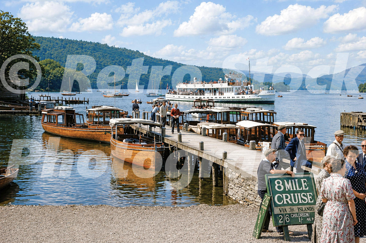 1950s view of passenger cruise boats and wooden launches on Lake Windermere in Cumbria, with tourists and an 8 Mile Cruise sign.