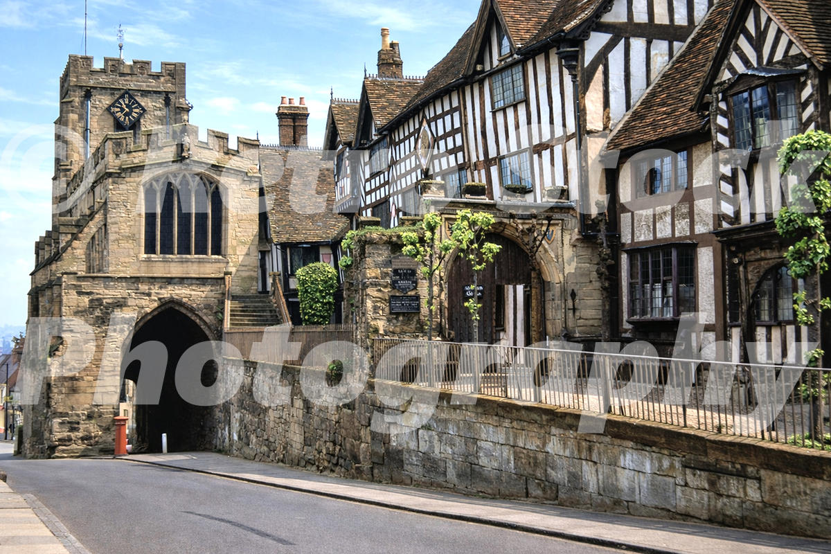 1950s view of the Lord Leycester Hospital and West Gate on High Street in Warwick.