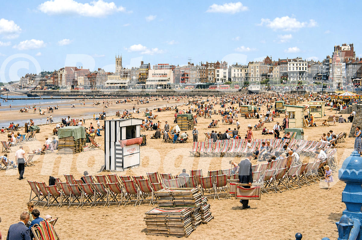 1950s view of Margate Beach in Kent with crowds, deckchairs, seafront buildings, buses and the clock tower.